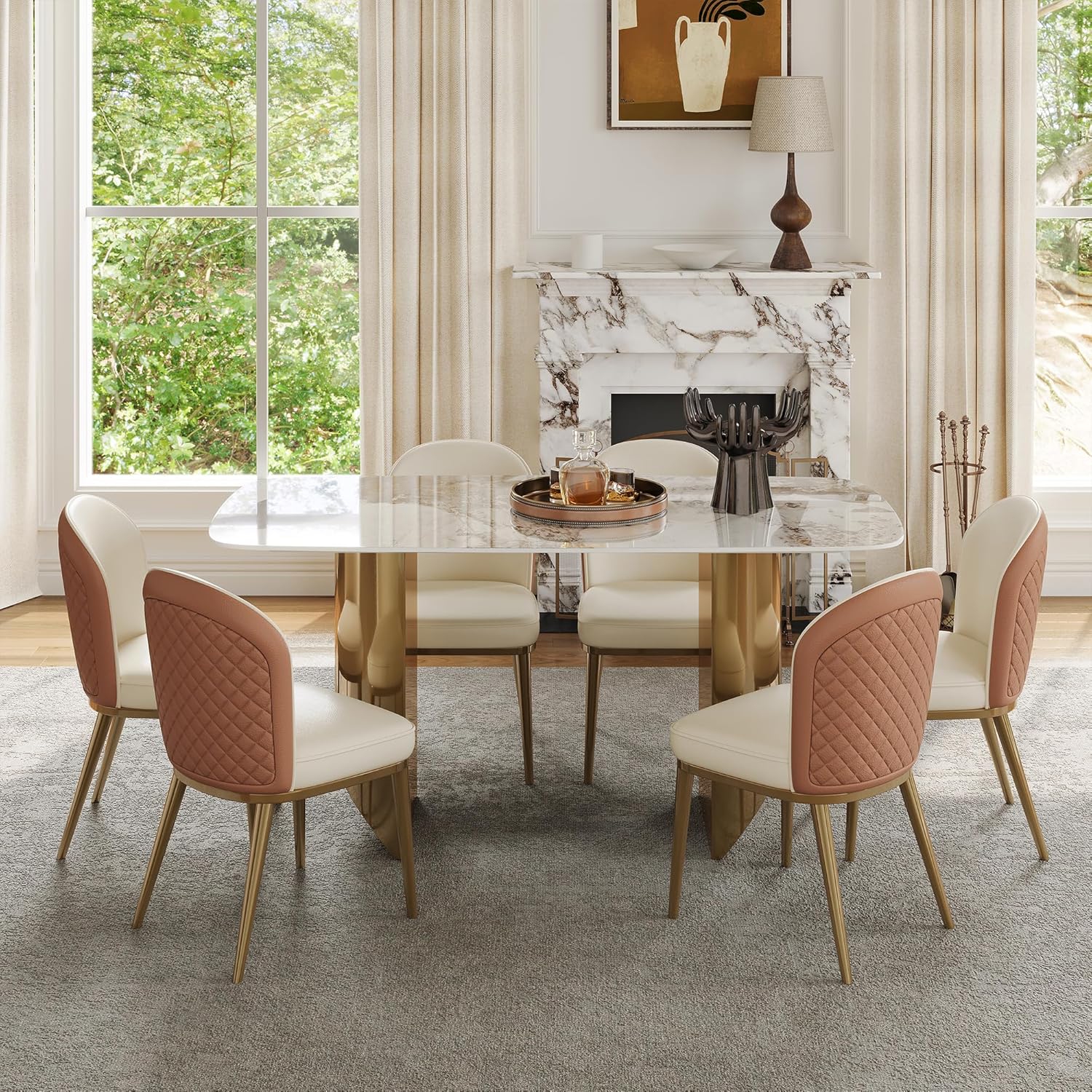 Rectangular Dining Table for 8-10 People, 79 inch Luxury Kitchen Table with Sintered Stone Tabletop and Gold Metal Base, Modern Dining Room Table for Kitchen Living Room (Table Only)