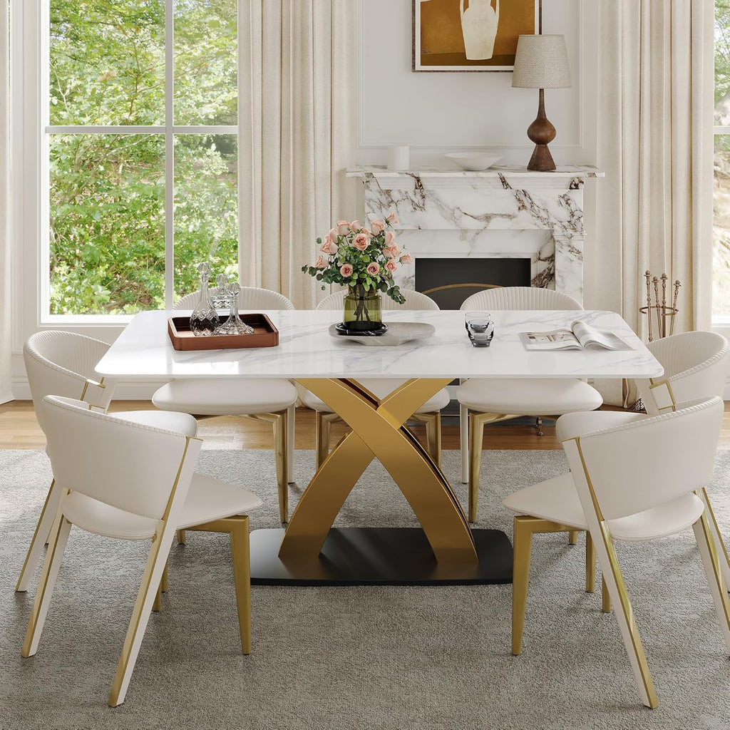 Marble Dining Table for 8-10 People, 79 inch Luxury Modern Dining Table with Marble Tabletop and Gold Metal Base, Modern Kitchen Table for Living Room Home (Table Only)