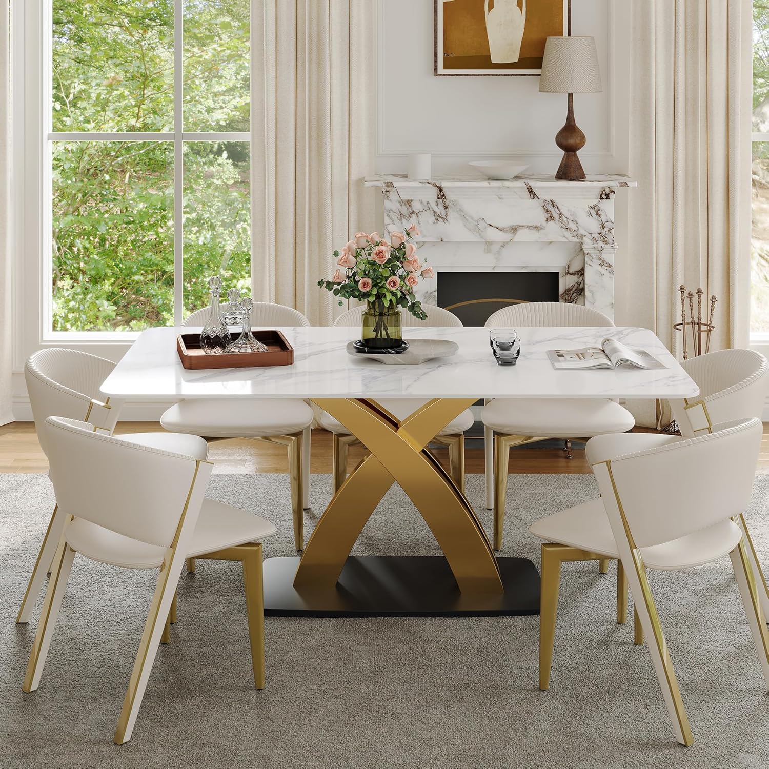 Marble Dining Table for 8-10 People, 79 inch Luxury Modern Dining Table with Marble Tabletop and Gold Metal Base, Modern Kitchen Table for Living Room Home (Table Only)