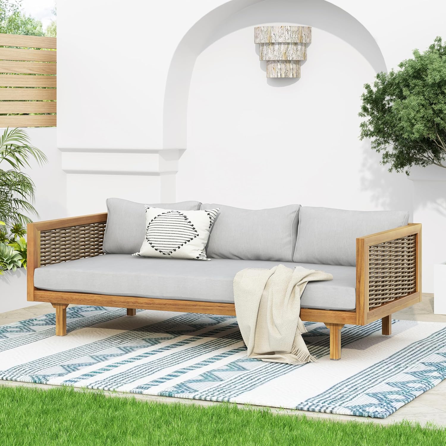 Merax 67.5" Outdoor Patio Daybed 3 Seater Sofa Bed,Acacia Wood Frame with Rattan Arm,Cushion & Pillow