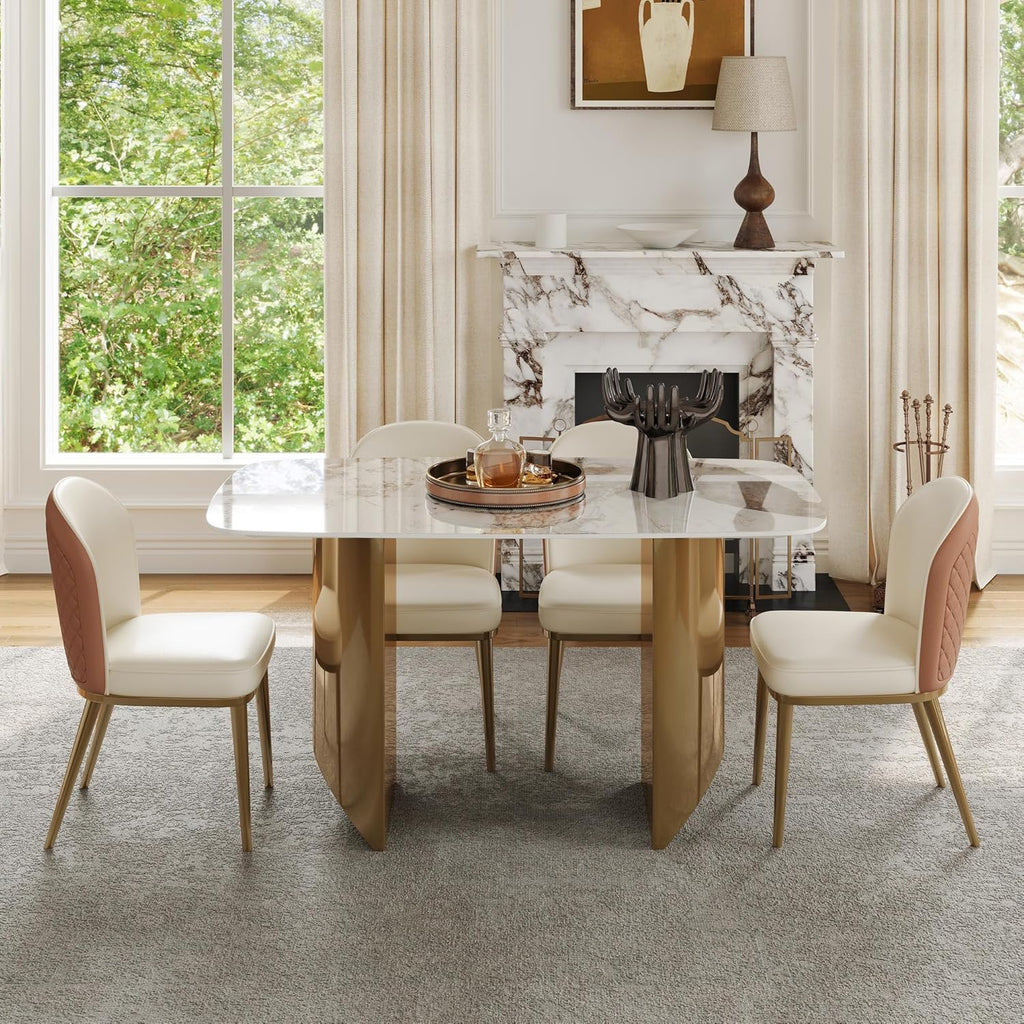 Rectangular Dining Table for 8-10 People, 79 inch Luxury Kitchen Table with Sintered Stone Tabletop and Gold Metal Base, Modern Dining Room Table for Kitchen Living Room (Table Only)