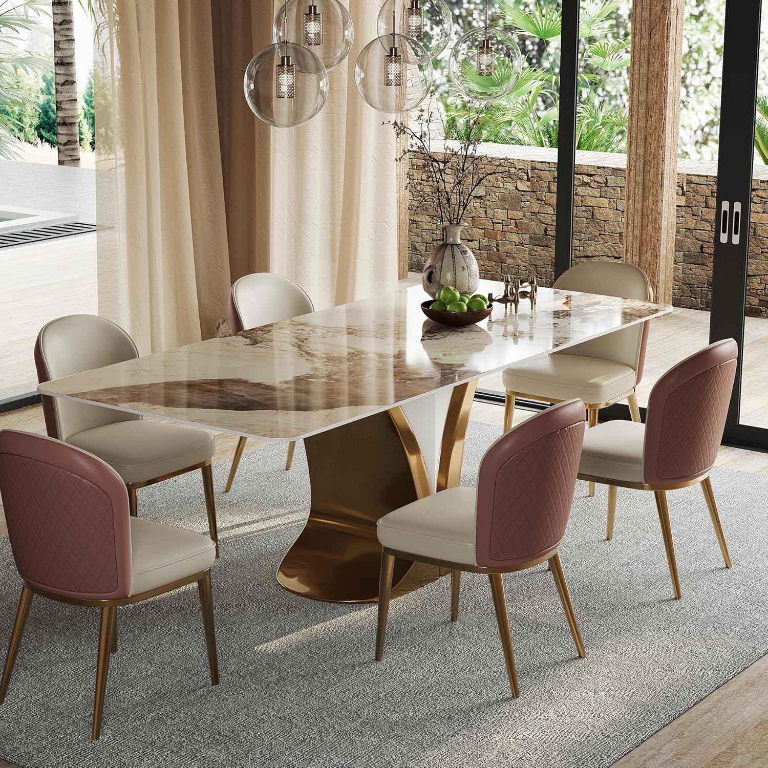 Rectangular Dining Table for 8-10 People, 79 inch Luxury Kitchen Table with Sintered Stone Tabletop and Gold Metal Base, Modern Dining Room Table for Kitchen Living Room (Table Only)