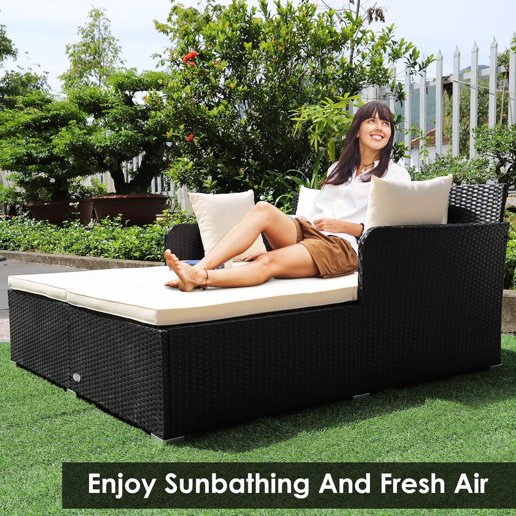 Tangkula Outdoor Rattan Daybed, Wicker Furniture with Spacious Seat, Upholstered Cushion & High-Resilience Sponge, Patio Sofa Set with 4 Pillows, 2-Person Sunbed for Poolside Backyard Garden & Balcony