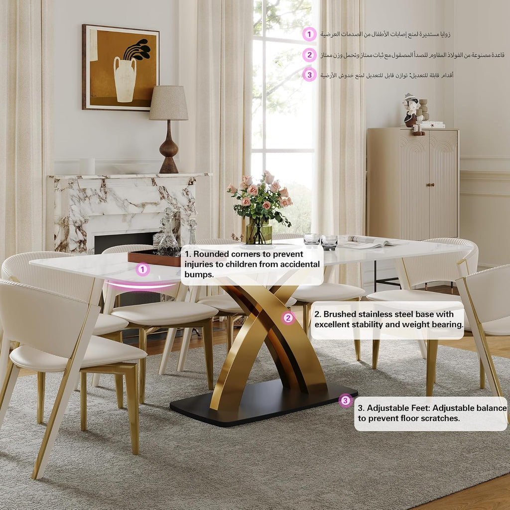 Marble Dining Table for 8-10 People, 79 inch Luxury Modern Dining Table with Marble Tabletop and Gold Metal Base, Modern Kitchen Table for Living Room Home (Table Only)