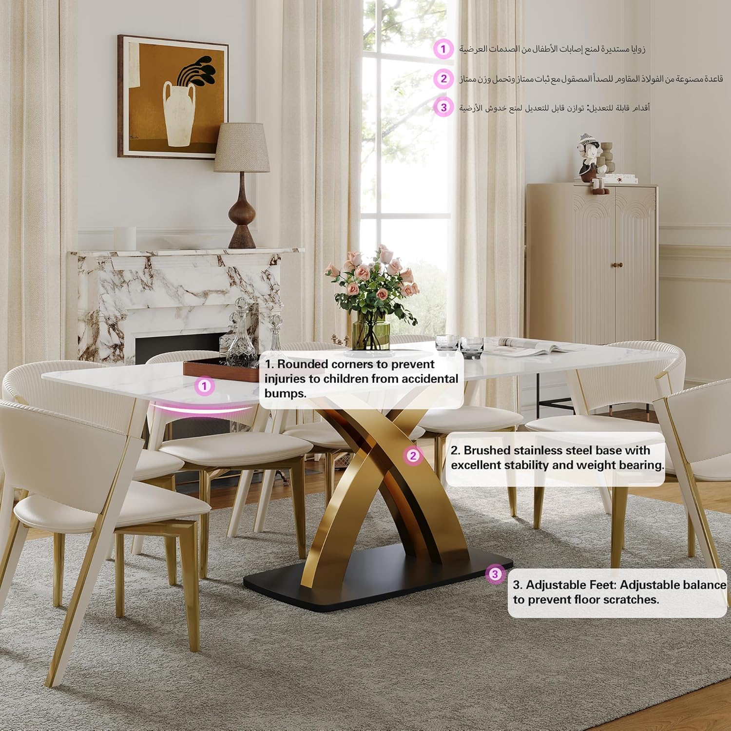 Marble Dining Table for 8-10 People, 79 inch Luxury Modern Dining Table with Marble Tabletop and Gold Metal Base, Modern Kitchen Table for Living Room Home (Table Only)