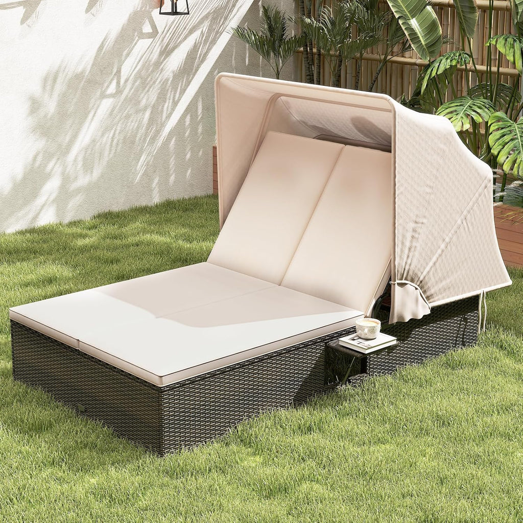 Outdoor Daybed with Canopy, PE Rattan Chaise Lounge with 6-Position Adjustable Backrests, Soft Cushions & Foldable Side Tables, 2-Person Lounge Bed for Outdoor, Backyard, Garden & Poolside