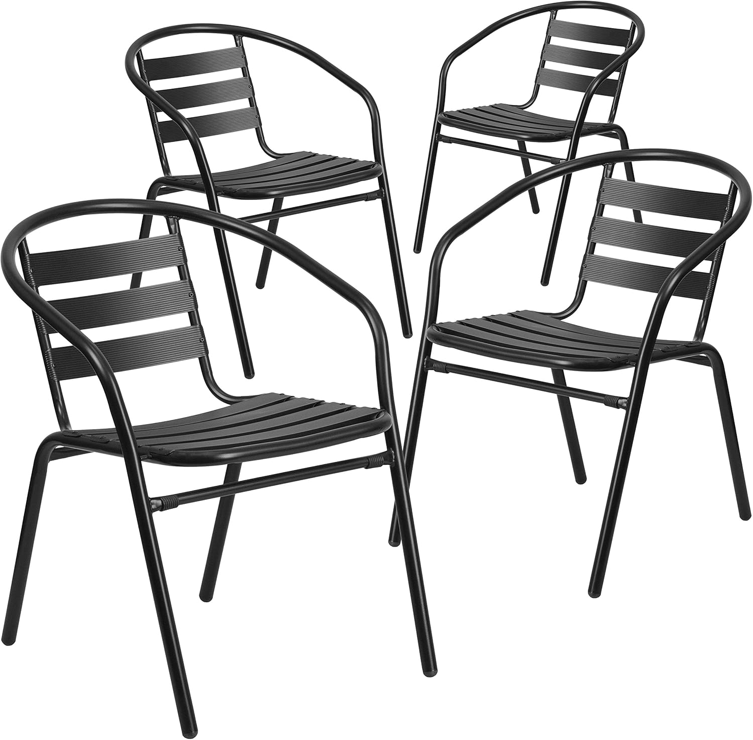 Flash Furniture Aluminum Slat Back Stacking Outdoor Restaurant Chairs, Modern Stackable Patio Chairs for Restaurants, Set of 4, Black