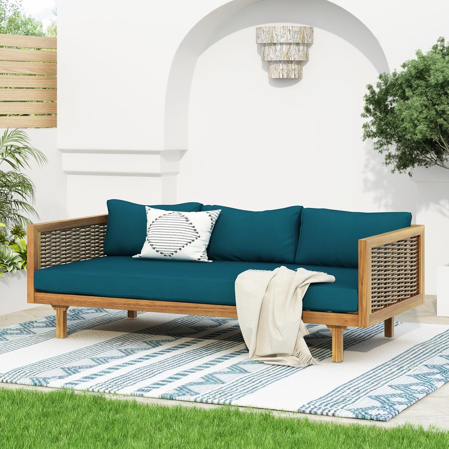 Merax 67.5" Outdoor Patio Daybed 3 Seater Sofa Bed,Acacia Wood Frame with Rattan Arm,Cushion & Pillow