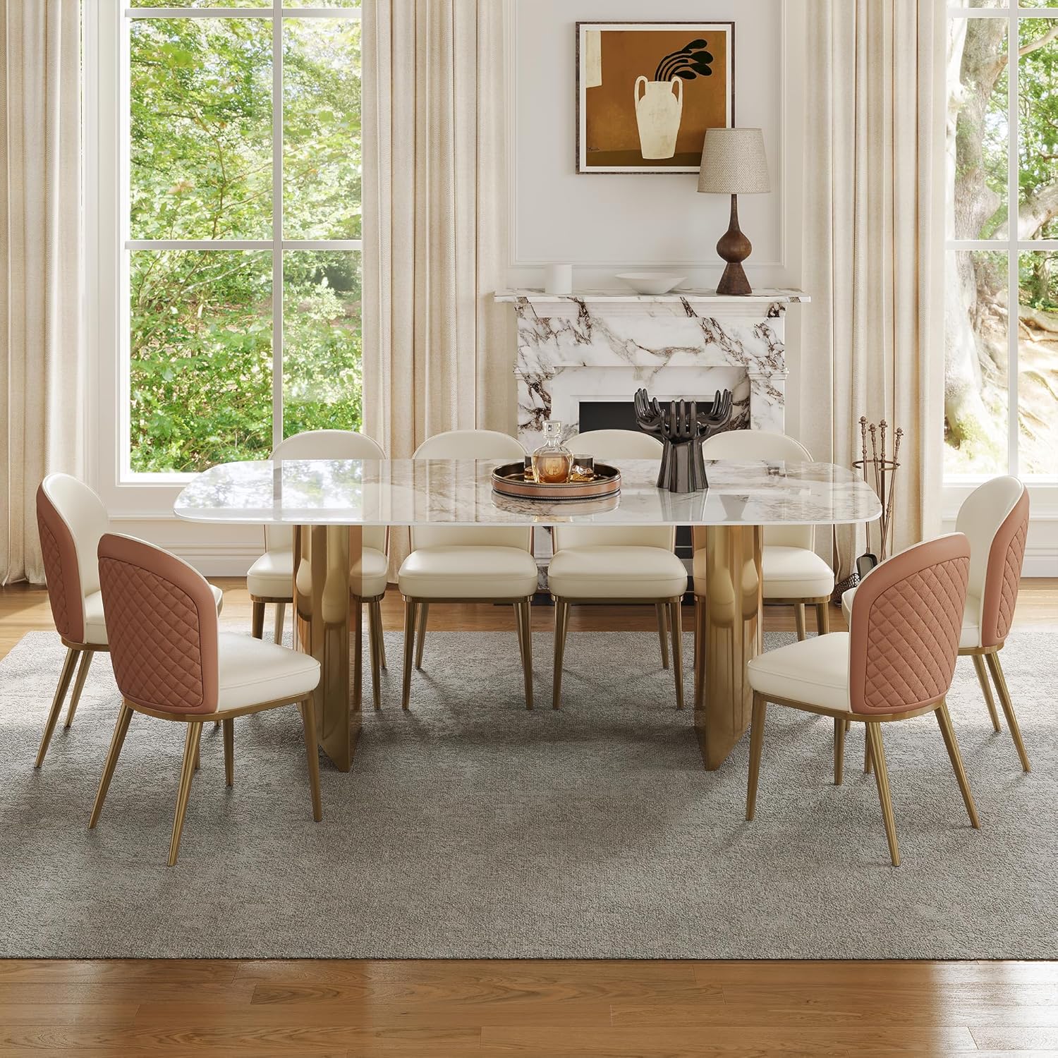 Rectangular Dining Table for 8-10 People, 79 inch Luxury Kitchen Table with Sintered Stone Tabletop and Gold Metal Base, Modern Dining Room Table for Kitchen Living Room (Table Only)