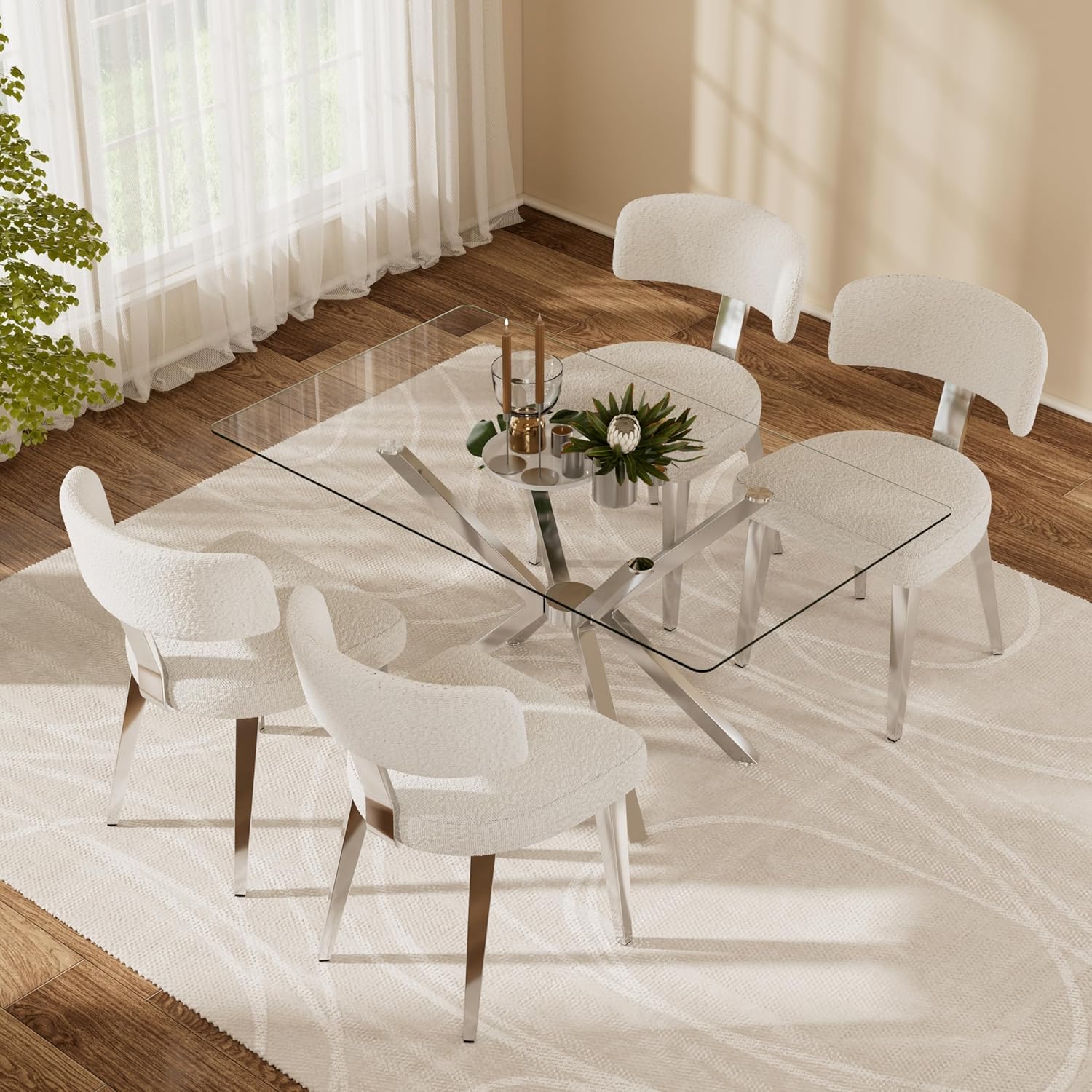 Luxury Modern Dining Set, 47" Glass Table with 4 Boucle Dining Chairs, Kitchen Table with Stable Metal Legs(All Black)