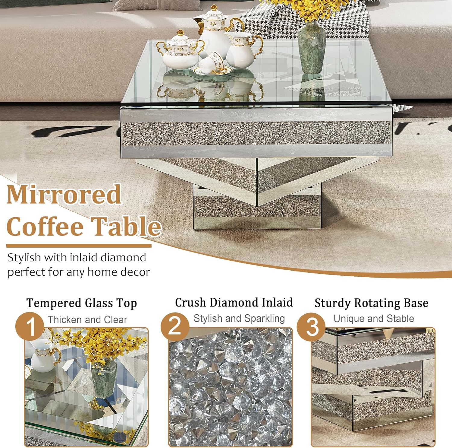 Silver Mirrored Coffee Table 31.5" Square Center Table with Sparkling Crystal Base Modern Luxury Mirrored Coffee Cocktail Tables with Diamond Glass Finish for Living Room Bedroom
