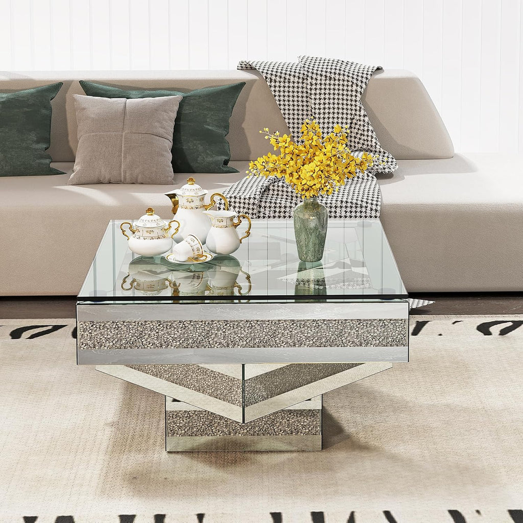 Silver Mirrored Coffee Table 31.5" Square Center Table with Sparkling Crystal Base Modern Luxury Mirrored Coffee Cocktail Tables with Diamond Glass Finish for Living Room Bedroom