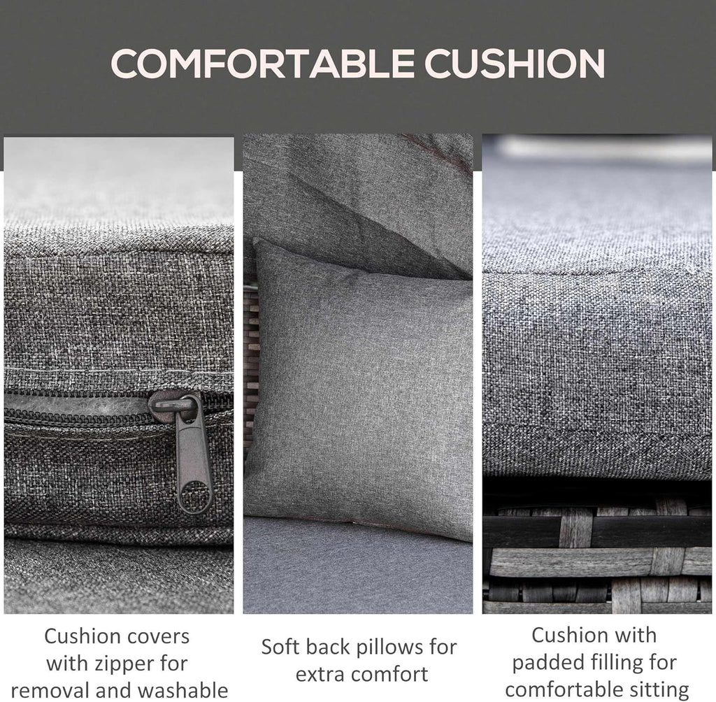 Outsunny 4 Piece Round Rattan Daybed, Convertible Patio Furniture Set, Adjustable Sun Canopy, Sectional Outdoor Sofa, 2 Chairs, Extending Tea Table Ottoman Chair, 3 Pillows, Gray