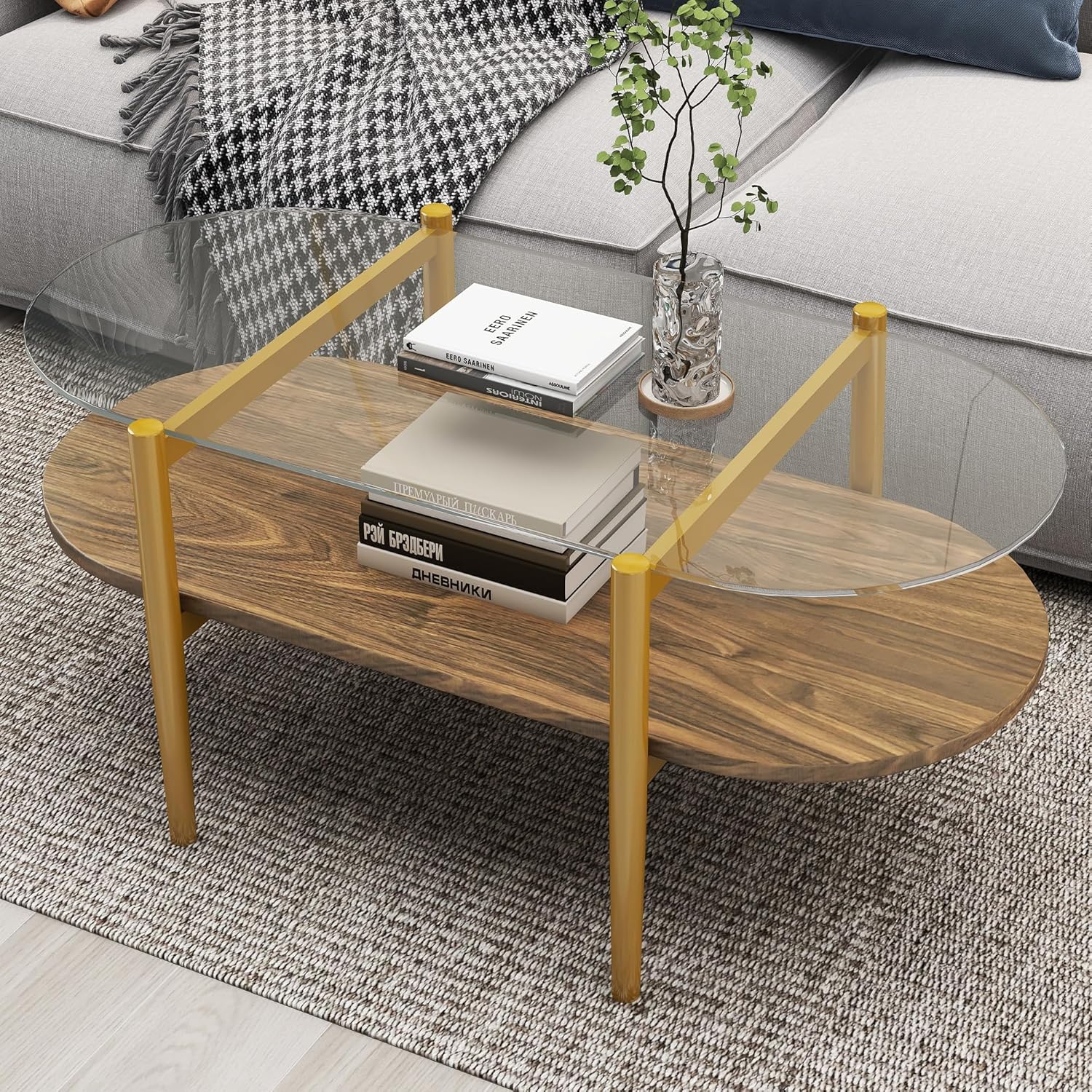 Modern Round Coffee Table, Luxury Black Gold Glass Coffee Table, 36" Center Table Living Room Table, Gold Stainless Steel Irregular Leg, Double-Layer Structure, Black Glass Desktop