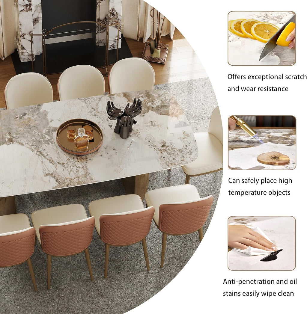 Rectangular Dining Table for 8-10 People, 79 inch Luxury Kitchen Table with Sintered Stone Tabletop and Gold Metal Base, Modern Dining Room Table for Kitchen Living Room (Table Only)