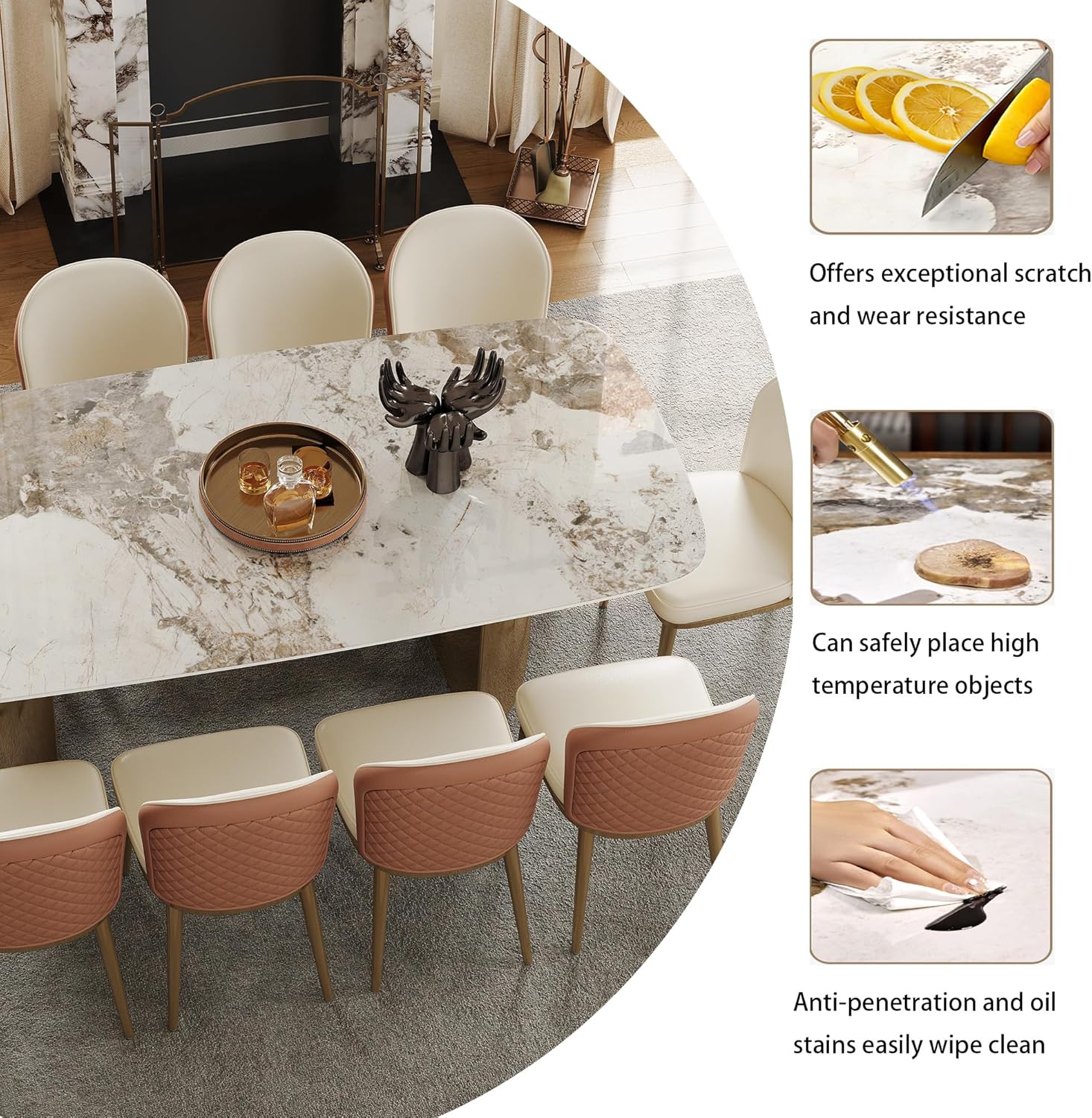 Rectangular Dining Table for 8-10 People, 79 inch Luxury Kitchen Table with Sintered Stone Tabletop and Gold Metal Base, Modern Dining Room Table for Kitchen Living Room (Table Only)