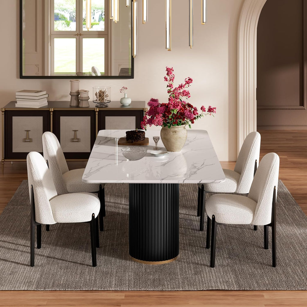 Morden Fort Modern Dining Table for 6, 70" Faux Marble Dining Table with Black Fluted Base and White Rectangle Top for Ktichen, Reception and Conference