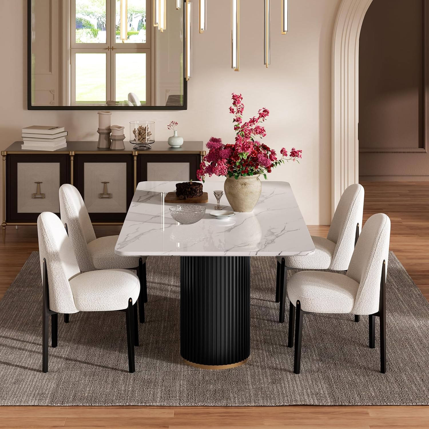 Morden Fort Modern Dining Table for 6, 70" Faux Marble Dining Table with Black Fluted Base and White Rectangle Top for Ktichen, Reception and Conference