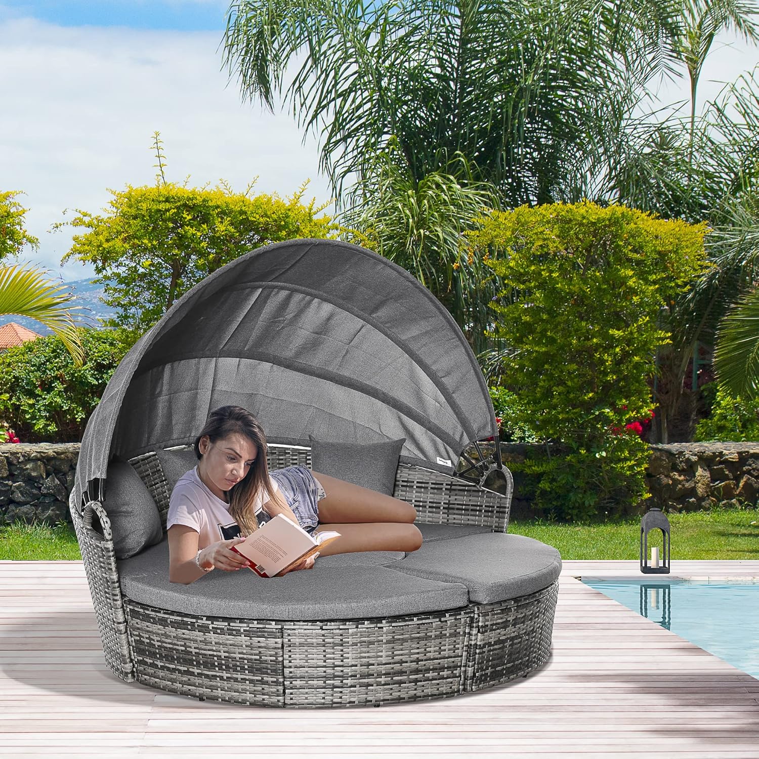 Outsunny 4 Piece Round Rattan Daybed, Convertible Patio Furniture Set, Adjustable Sun Canopy, Sectional Outdoor Sofa, 2 Chairs, Extending Tea Table Ottoman Chair, 3 Pillows, Gray