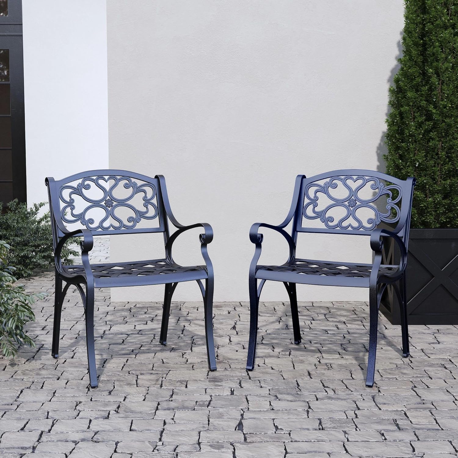 Homestyles Sanibel Black Stationary Cast Aluminum Outdoor Dining Chair (2-Pack), 2 Piece Patio Chairs, Set of 2 Garden Chairs with Armrest & Backrest for Garden Patio Pool Beach Yard, Black