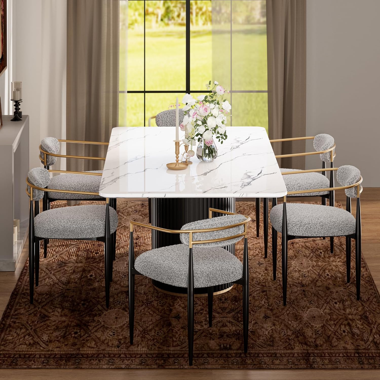 Morden Fort Modern Dining Table for 6, 70" Faux Marble Dining Table with Black Fluted Base and White Rectangle Top for Ktichen, Reception and Conference