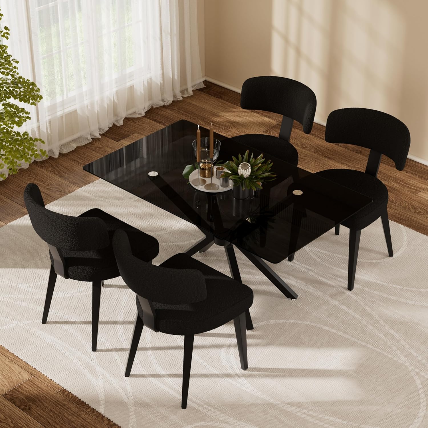 Luxury Modern Dining Set, 47" Glass Table with 4 Boucle Dining Chairs, Kitchen Table with Stable Metal Legs(All Black)