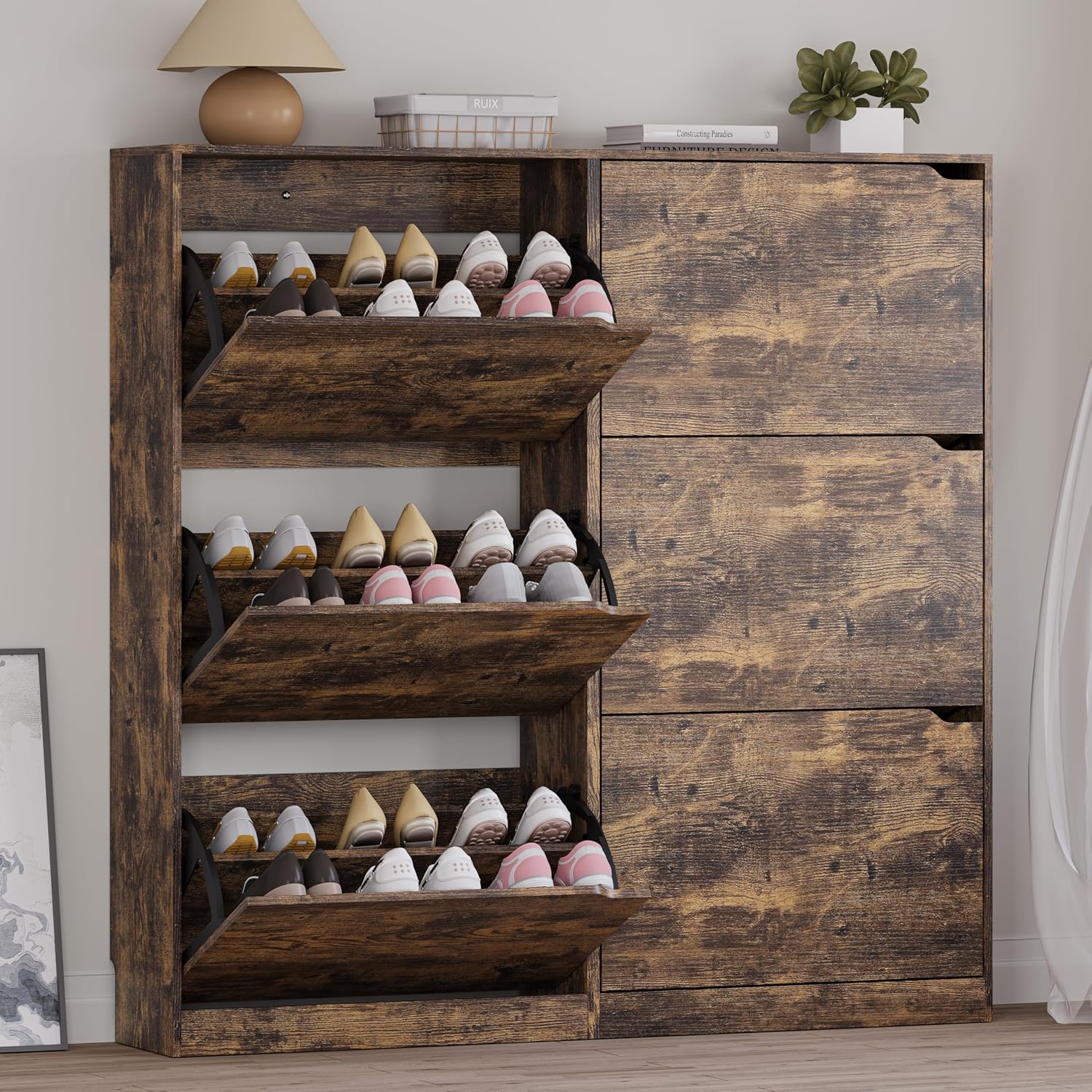 Shoe Cabinet with 4 Flip Drawers, Narrow Hidden Shoe Storage Cabinet, Slim Freestanding Shoe Rack Organizer for Entryway, Hallway, Bedroom, Living Room