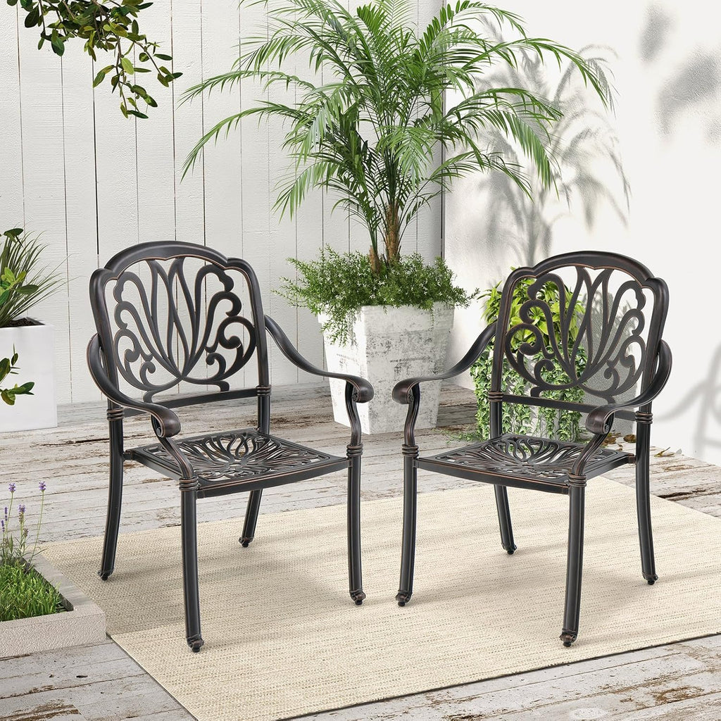 Tangkula Set of 4 Cast Aluminum Patio Dining Chairs, Stackable Outdoor Dining Chairs with Armrests, Outdoor Bistro Chairs for Balcony, Backyard, Garden, Bronze