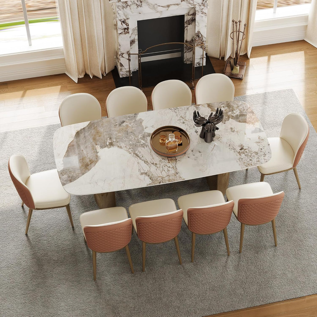 Rectangular Dining Table for 8-10 People, 79 inch Luxury Kitchen Table with Sintered Stone Tabletop and Gold Metal Base, Modern Dining Room Table for Kitchen Living Room (Table Only)