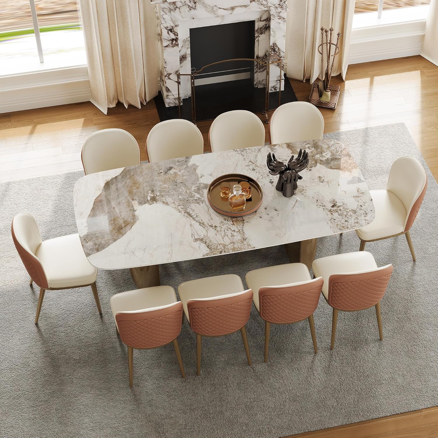 Rectangular Dining Table for 8-10 People, 79 inch Luxury Kitchen Table with Sintered Stone Tabletop and Gold Metal Base, Modern Dining Room Table for Kitchen Living Room (Table Only)